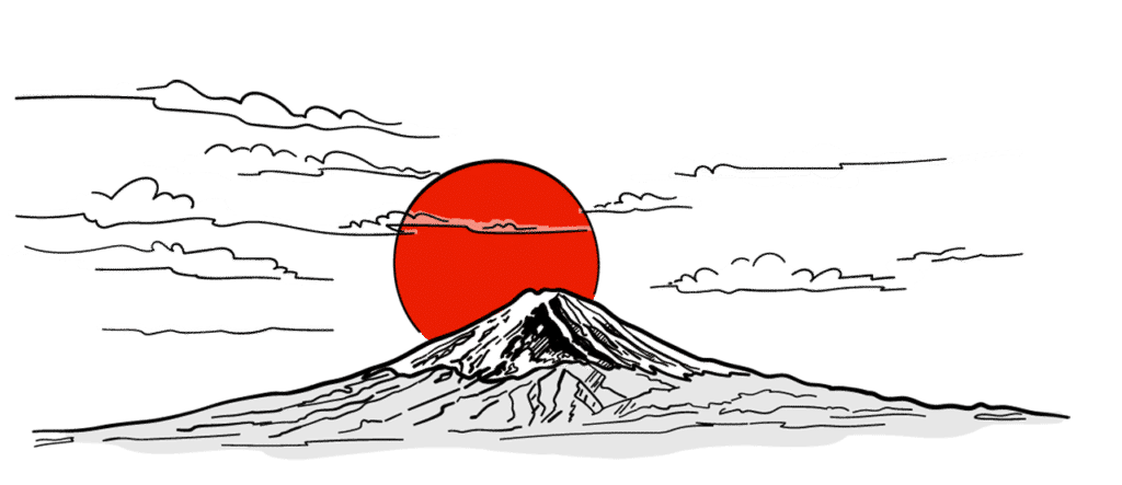 Rising sun behind Mount Fuji in Japan