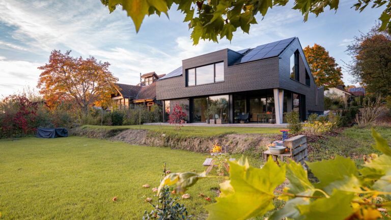 Garden view with timber cladding house